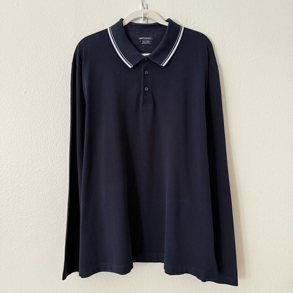 Untuckit Men's Size 3XL XXXL Navy Blue Long Sleeve Polo Shirt 100% Pima Cotton
